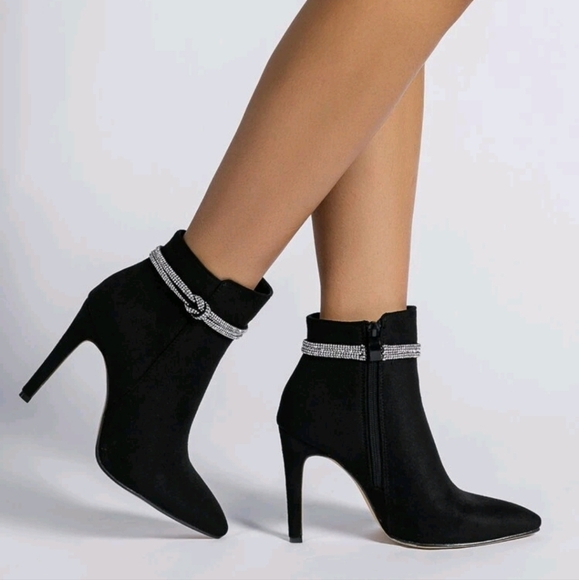 Elegant Jeweled & Bow Decorated Side Zipper Thin High Heel Suede Classic Boots - Picture 1 of 5